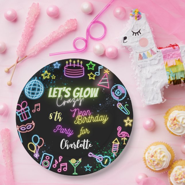 Assiettes En Carton Faisons un anniversaire de néon fou (Fête)