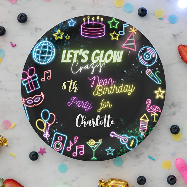 Assiettes En Carton Faisons un anniversaire de néon fou (Créateur téléchargé)
