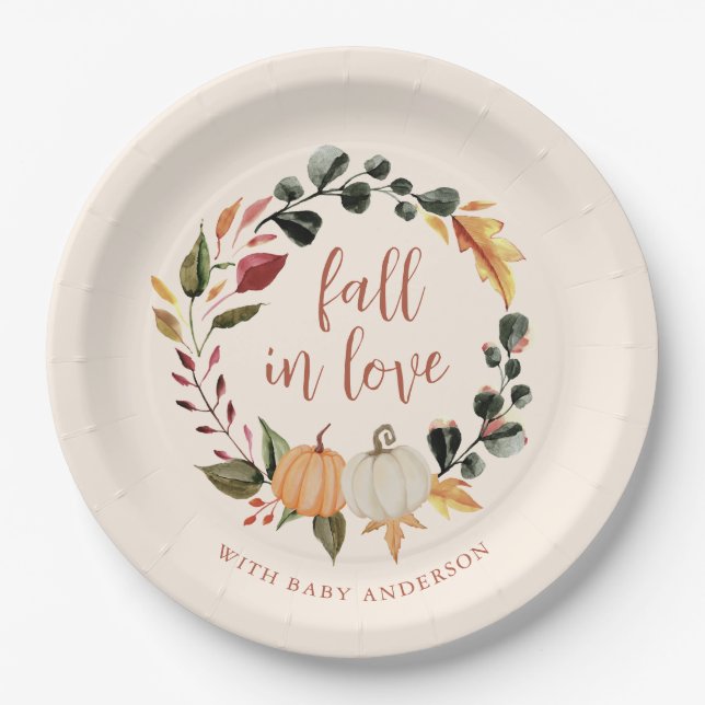 Assiettes En Carton Fall in Love Pumpkin Wreath Baby Shower (Devant)
