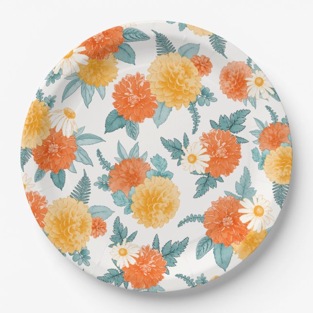 Assiettes En Carton Fall Motif d'aquarelle florale Dahlias (Devant)