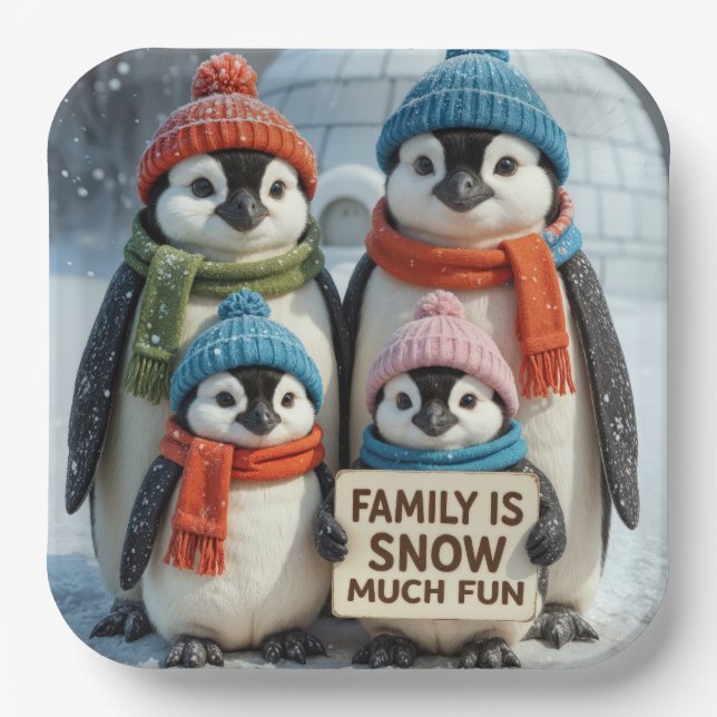 Assiettes En Carton Famille De Pingouins Dans Les Snowflakes (Recto)