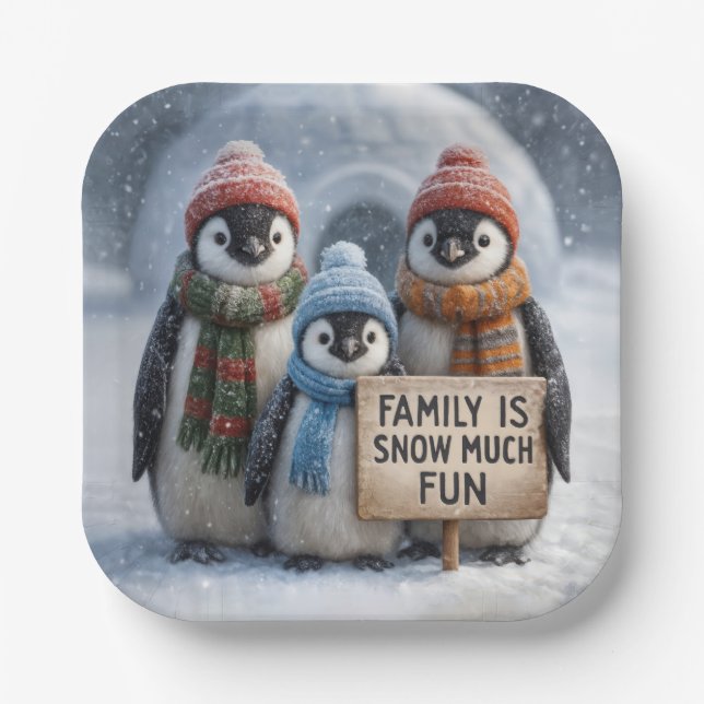 Assiettes En Carton Famille de pingouins de Noël avec signe amusant (Recto)