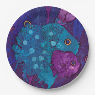 Assiettes En Carton Famille de poissons, Sous-marin, Bleu & Violet