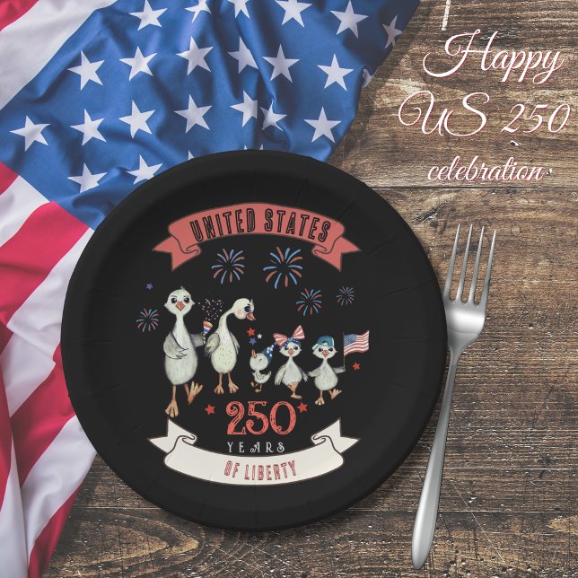 Assiettes En Carton Famille d'oies mignonnes US 250 ans de liberté (Cute Geese Family US 250 Years of Liberty Celebrat Paper Plates)