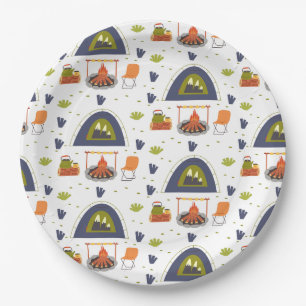 Assiettes En Carton Famille mignonne camping bonfire & tente herbe ron