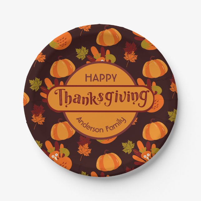 Assiettes En Carton Famille Thanksgiving Turquie Citrouille automne qu (Devant)