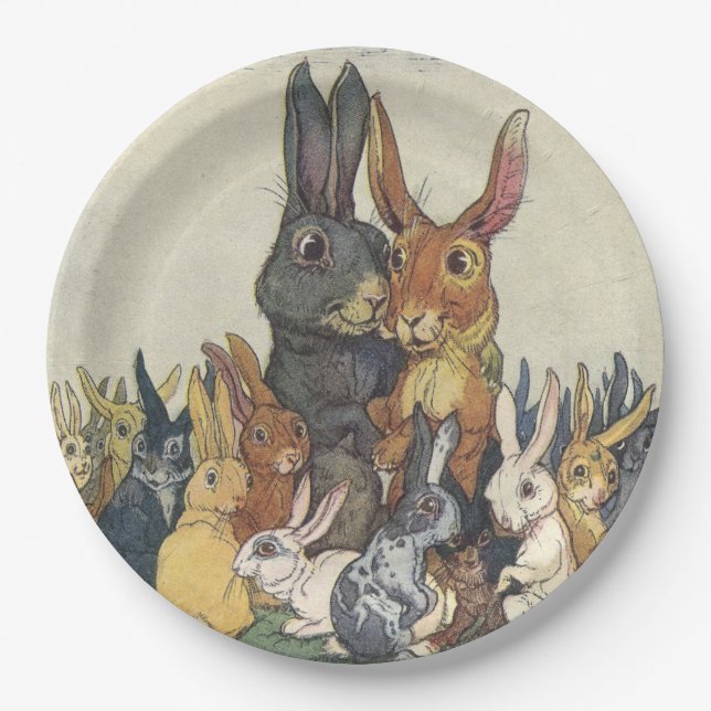 Assiettes En Carton Famille vintage de lapin de Pâques (Devant)