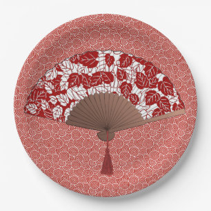Assiettes En Carton Fan japonaise dans la copie de feuille, rouge