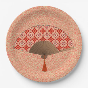 Assiettes En Carton Fan japonaise, motif de Shippo, mandarine
