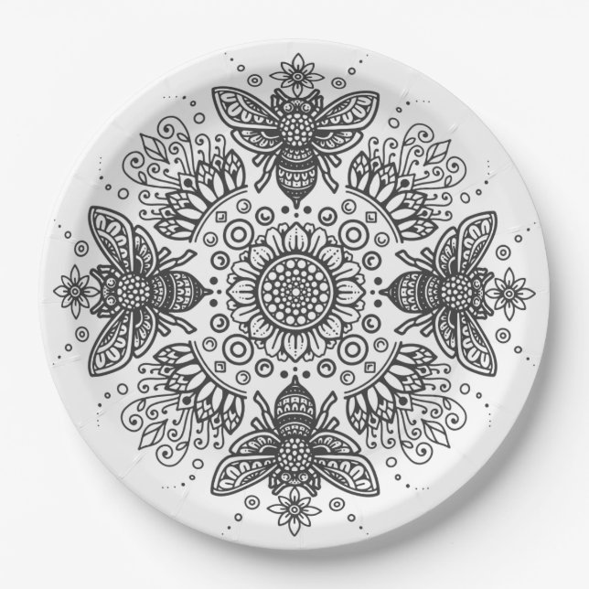 Assiettes En Carton Fancy Black Bee Mandala (Devant)