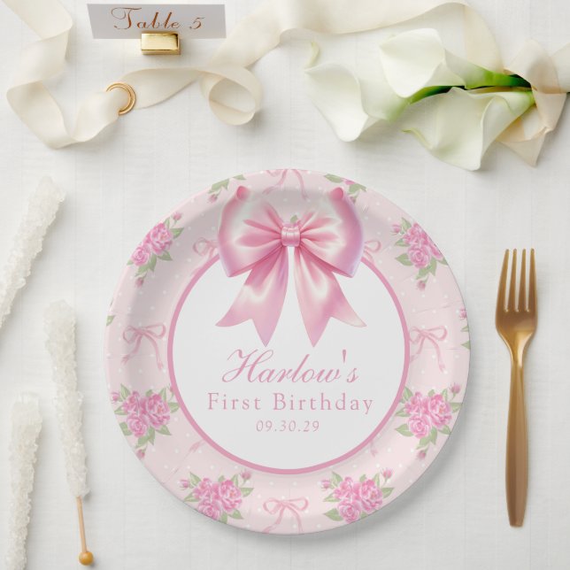 Assiettes En Carton Fancy One Rose Coquette Bow Premier anniversaire (Mariage)