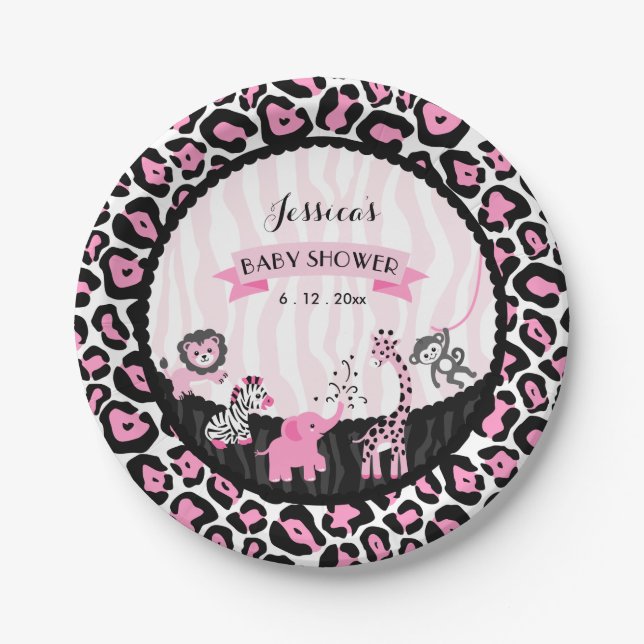 Assiettes En Carton Fancy Pink Safari Baby shower fille Plaques person (Devant)