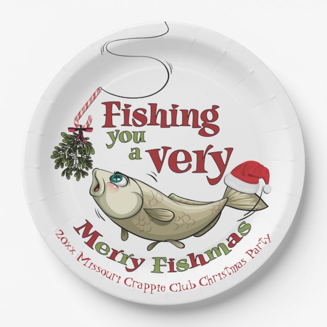 Assiettes En Carton Fantaisie de pêche Noël - Merry Fishmas Mistletoe (Devant)
