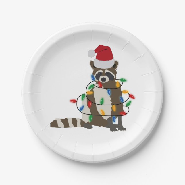 Assiettes En Carton Fantaisie Noël Raccoon Santa Hat Noël Lumières (Devant)