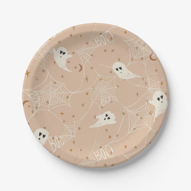 Assiettes En Carton Fantômes de décoration d'Halloween rose pâle (Devant)
