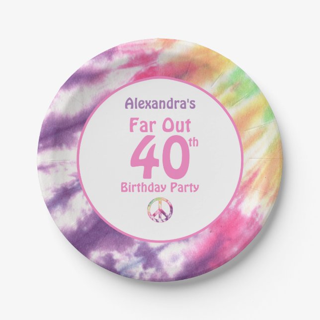 Assiettes En Carton Far Out 40th Super Tie Dye Anniversaire Nom fête (Devant)