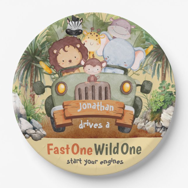 Assiettes En Carton Fast One Wild One Safari Animaux Voiture 1er anniv (Devant)