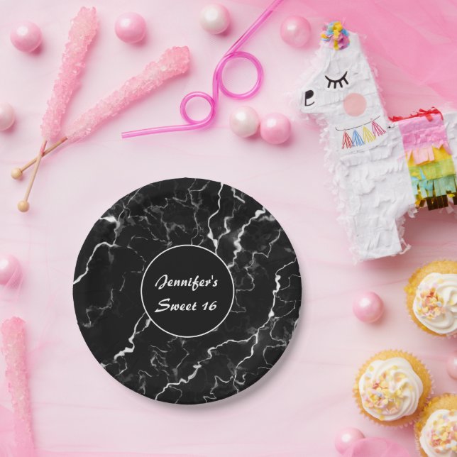 Assiettes En Carton Faux Black Marbre Texture Look Sweet 16 Anniversai (Fête)