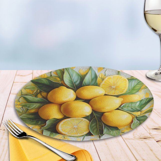 Assiettes En Carton Faux citrons siciliens 3D (Faux 3D "Ceramic Style" Sicilian Lemons and Leaves Paper Plate for Italian Parties)