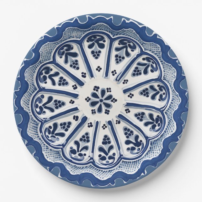 Assiettes En Carton Faux Floral Méditerranéen Bleu et Blanc Chine (Devant)