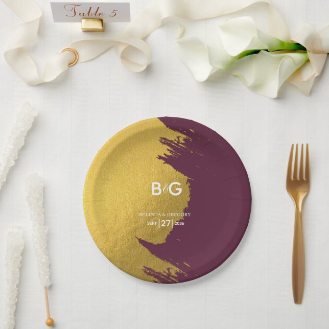 Assiettes En Carton Faux Gold Burgundy, Mariage Monogramme (Mariage)