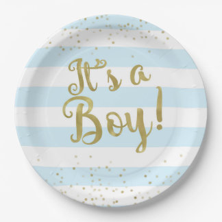 Assiettes En Carton Faux Gold Foil Blue Stripes Baby shower C'est un g