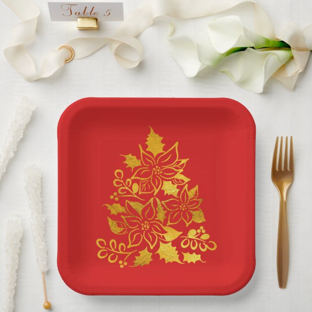 Assiettes En Carton Faux Gold Foil Poinsettias Christmas Trees  (Mariage)