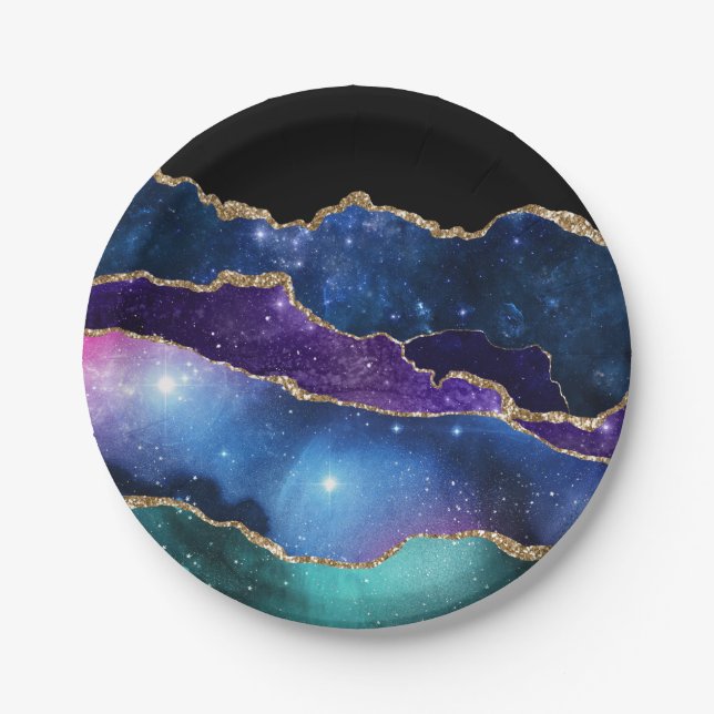 Assiettes En Carton Faux Marbré Agate Pierre Galaxy brillant brillant (Devant)