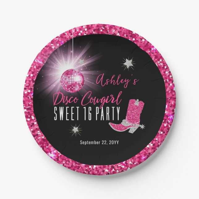 Assiettes En Carton Faux Parties scintillant Disco Rose Cowgirl Sweet  (Devant)
