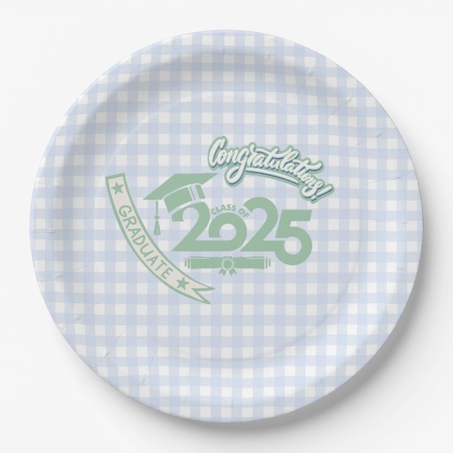 Assiettes En Carton Faye et Lauren Bleu clair En vichy Graduation 2025 (Devant)