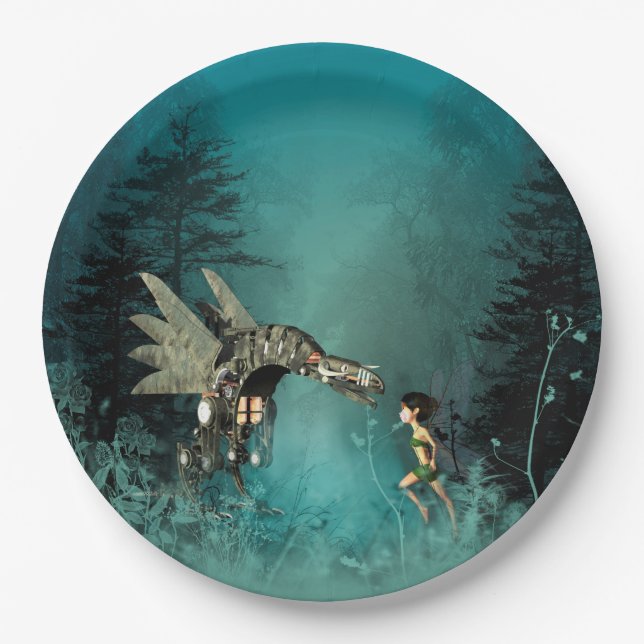 Assiettes En Carton Fée mignonne avec le dragon de vapeur dans une (Devant)