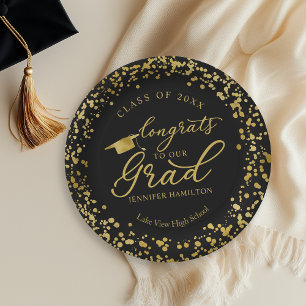 Assiettes En Carton Félicitations à notre diplômé Or Noir de la promot