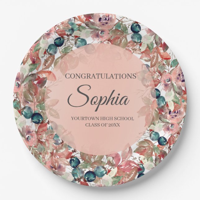 Assiettes En Carton Félicitations à Pink Turquoise Floral Graduation (Devant)
