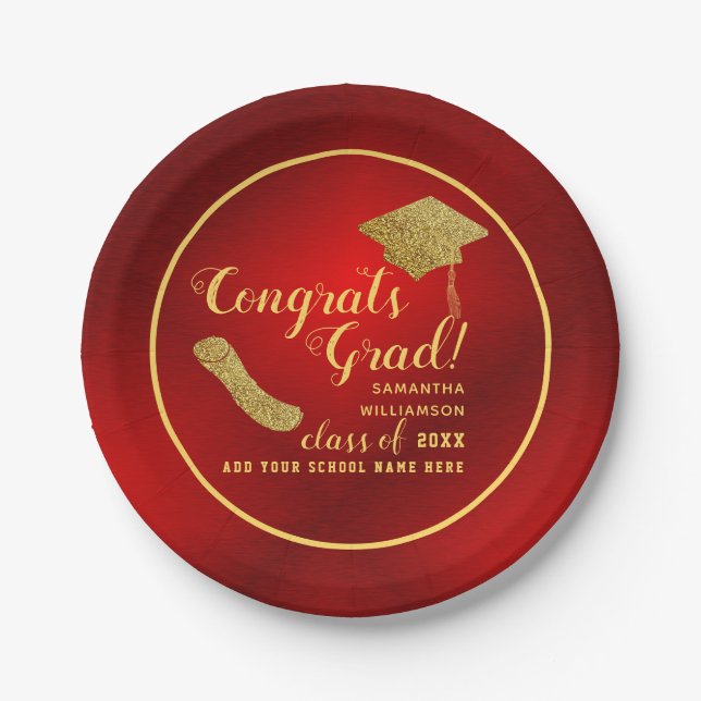 Assiettes En Carton Félicitations Classe Grand Rouge et Or de 2025 (Devant)