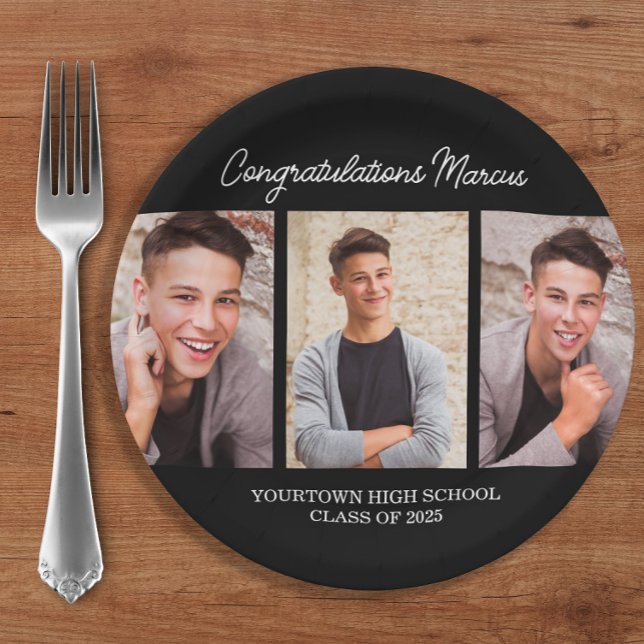Assiettes En Carton Félicitations Graduate Black 3 Photo Party (3-photo black and white graduation party paper plates.)