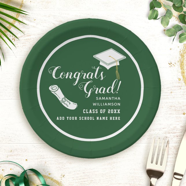 Assiettes En Carton Félicitations Grand Vert et Blanc Classe de 2025 (Créateur téléchargé)