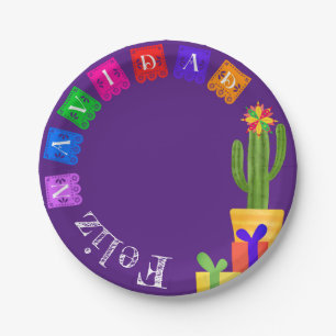 Assiettes En Carton Feliz Navidad Fiesta Green Cactus Sur Violet
