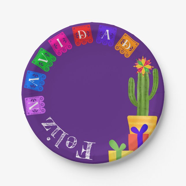 Assiettes En Carton Feliz Navidad Fiesta Green Cactus Sur Violet (Devant)