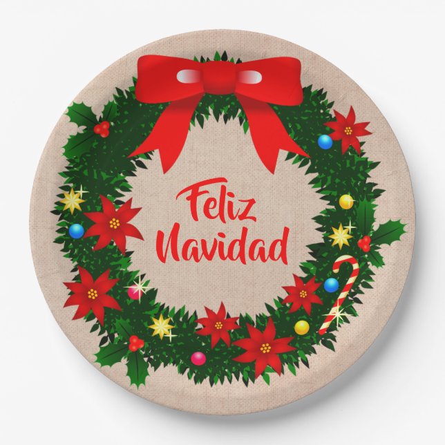 Assiettes En Carton Feliz Navidad Set Joyeux Noël Wreath Bow 9" (Devant)