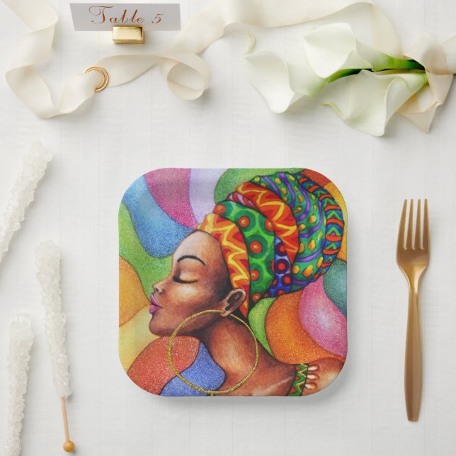 Assiettes En Carton Femme africaine avec cire tissu traditionnel (Mariage)