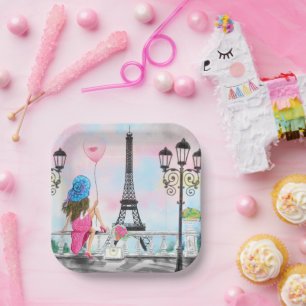 Assiettes En Carton Femme avec ballon à Paris Plaques en papier romant