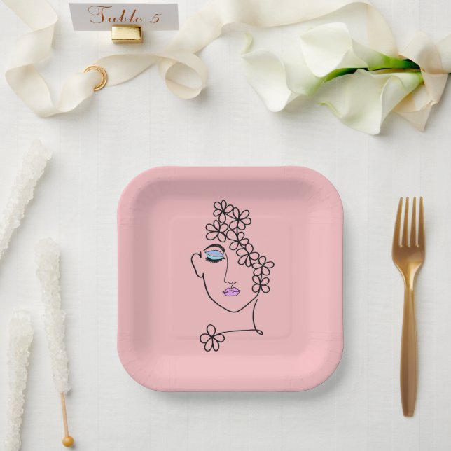 Assiettes En Carton Femme Avec Fleurs Ligne Art Rose (Mariage)