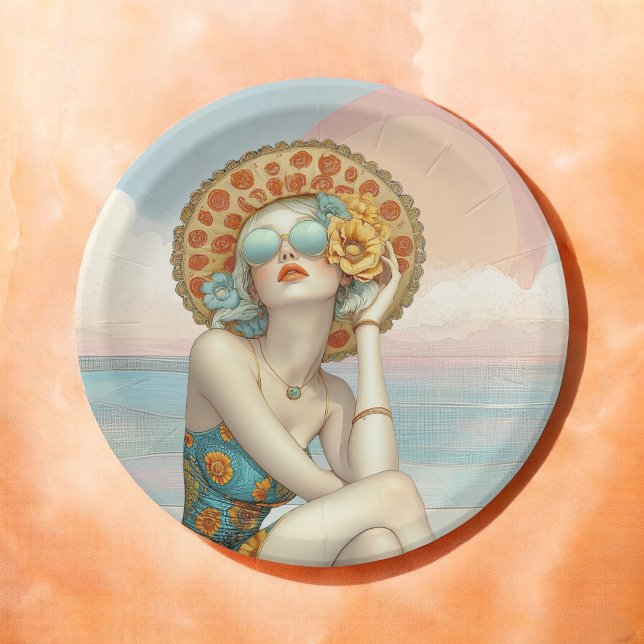 Assiettes En Carton Femme élégante rétro à la plage avec des lunettes  (Créateur téléchargé)