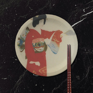 Assiettes En Carton Femme japonaise vintage dans le kimono rouge