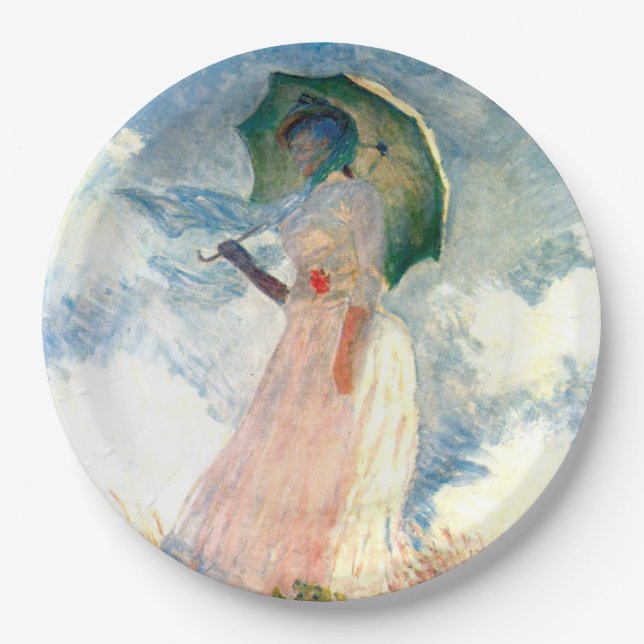 Assiettes En Carton Femme Monet avec un parasol face à gauche (Devant)