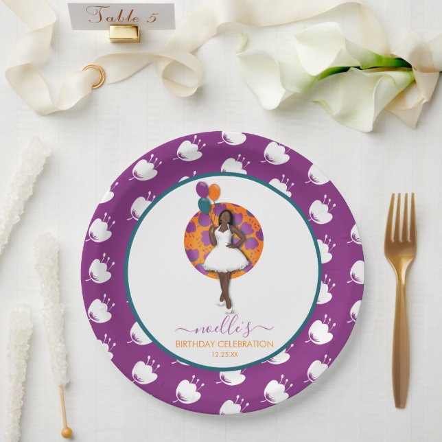 Assiettes En Carton Femme noire, Ballons et fleurs d'anniversaire, vio (Mariage)