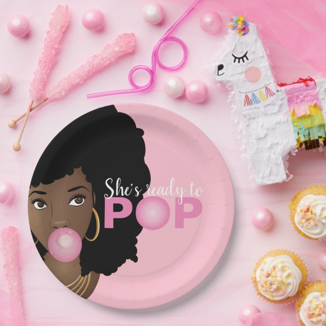 Assiettes En Carton Femme noire, Prête à la pop, Bubblegum, Rose (Fête)