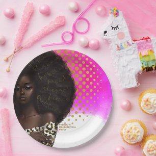 Assiettes En Carton Femme noire rose et or
