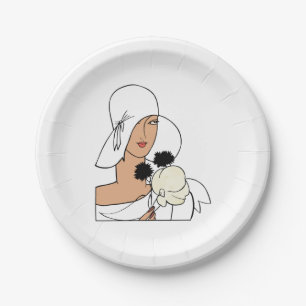 Assiettes En Carton Femme Vintage Art Déco avec Fleurs portant un Chap