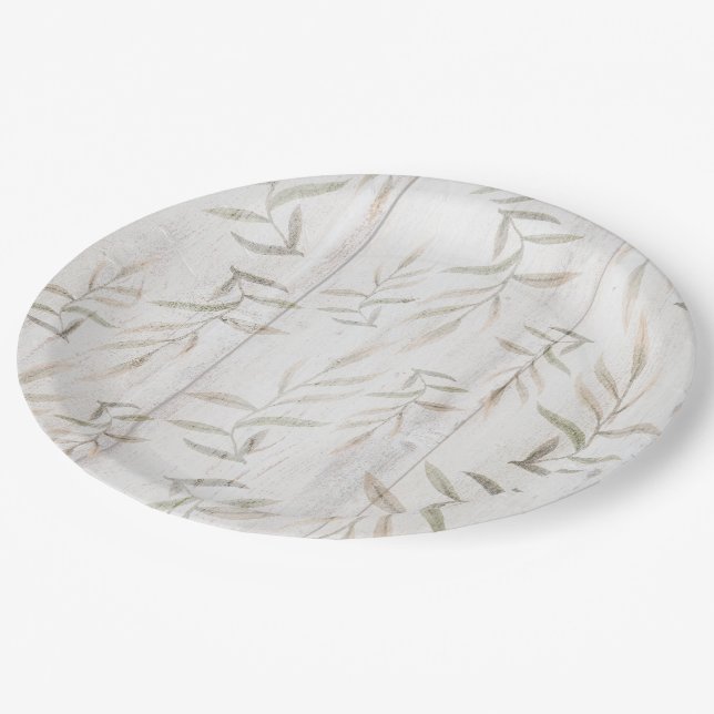 Assiettes En Carton Ferme Botanique Blanc Bois Noir Rustique Feuilles (Angle)